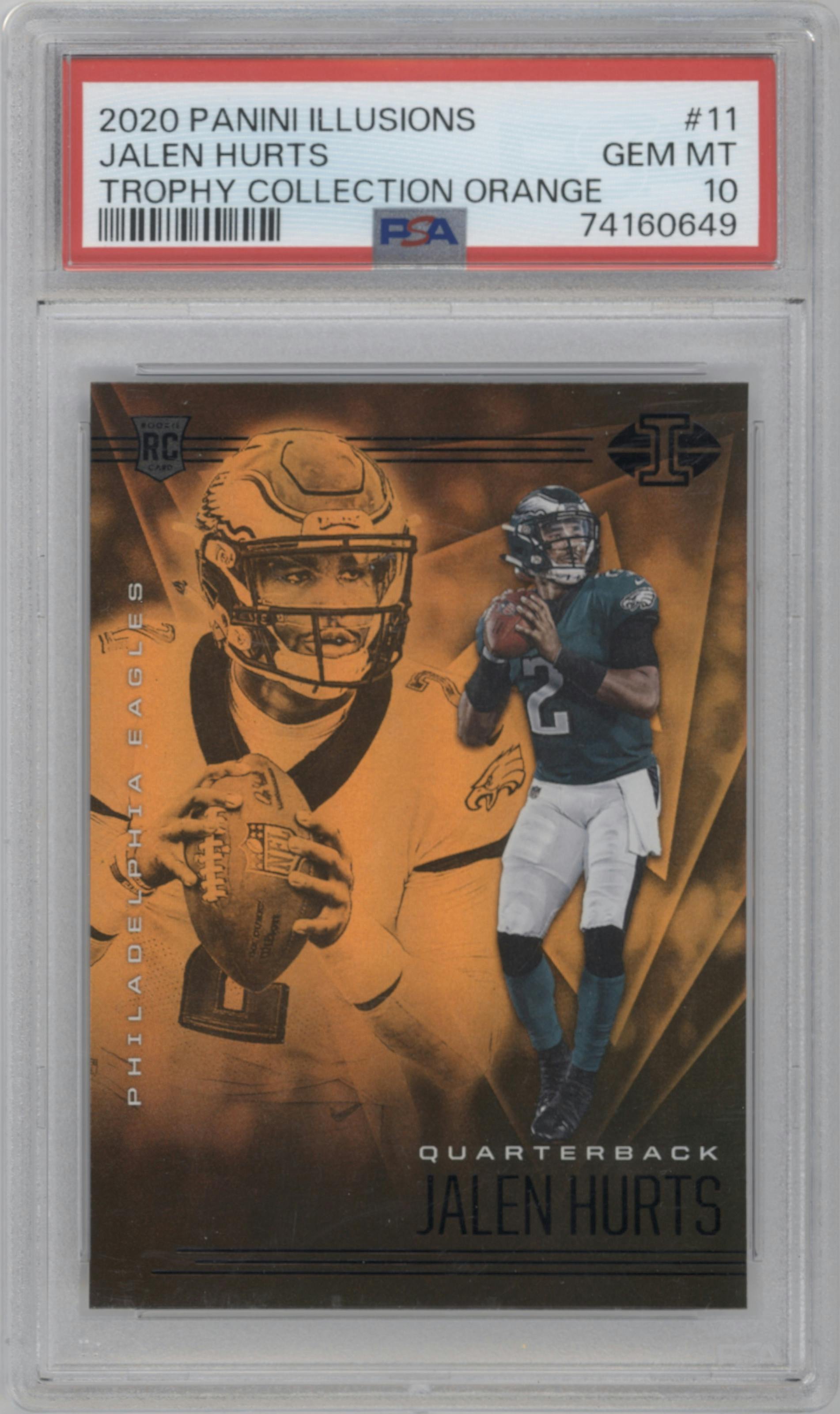 Jalen Hurts from the 2020 Panini Illusions set featuring a Trophy Collection Orange parallel graded by PSA and given an overall grade of 10.