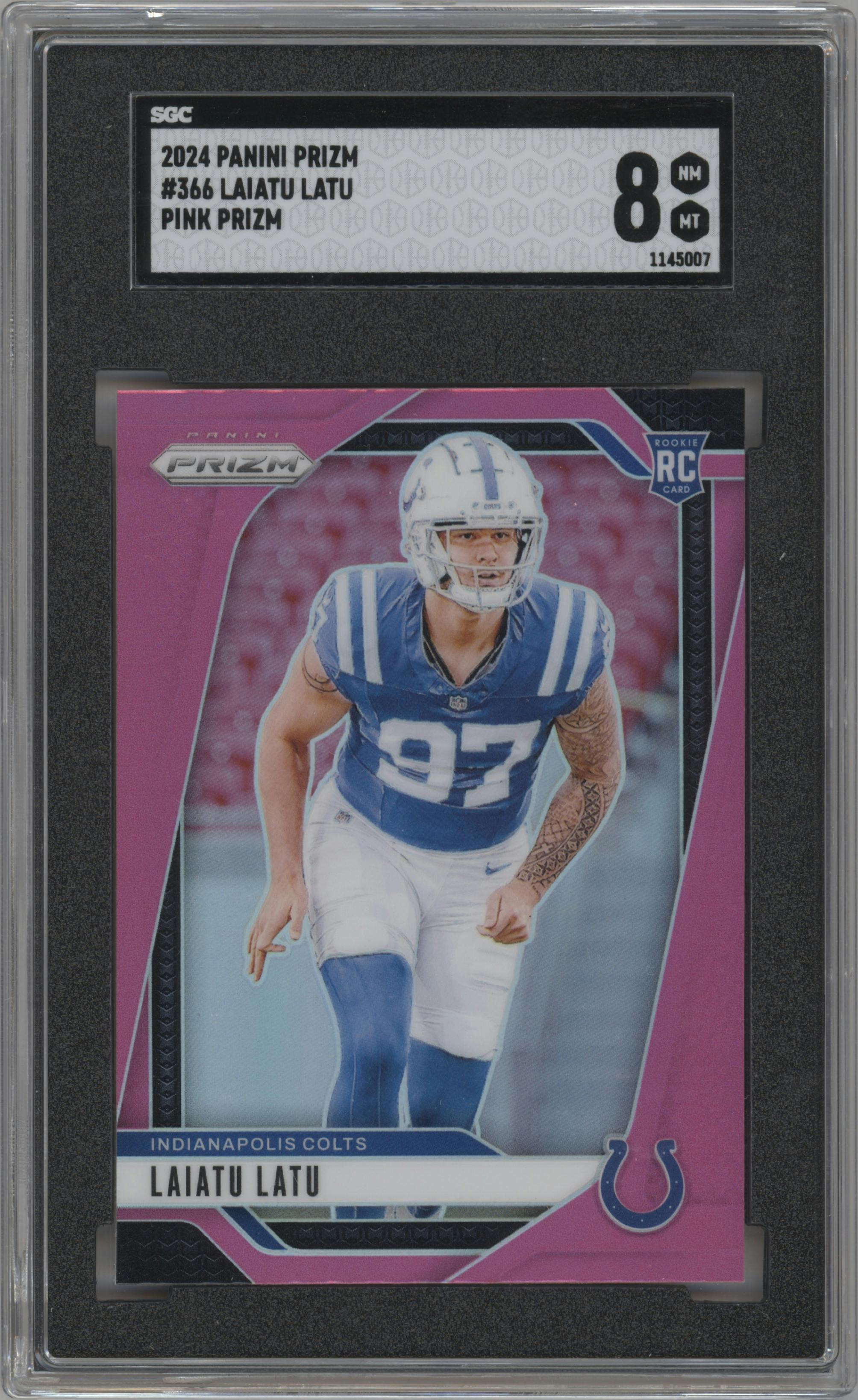 Laiatu Latu from the 2024 Panini Prizm set featuring a Pink Prizm parallel graded by SGC and given an overall grade of 8.
