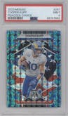Cooper Kupp from the 2023 Panini Mosaic set featuring a Choice Peacock parallel graded by PSA and given an overall grade of 9.
