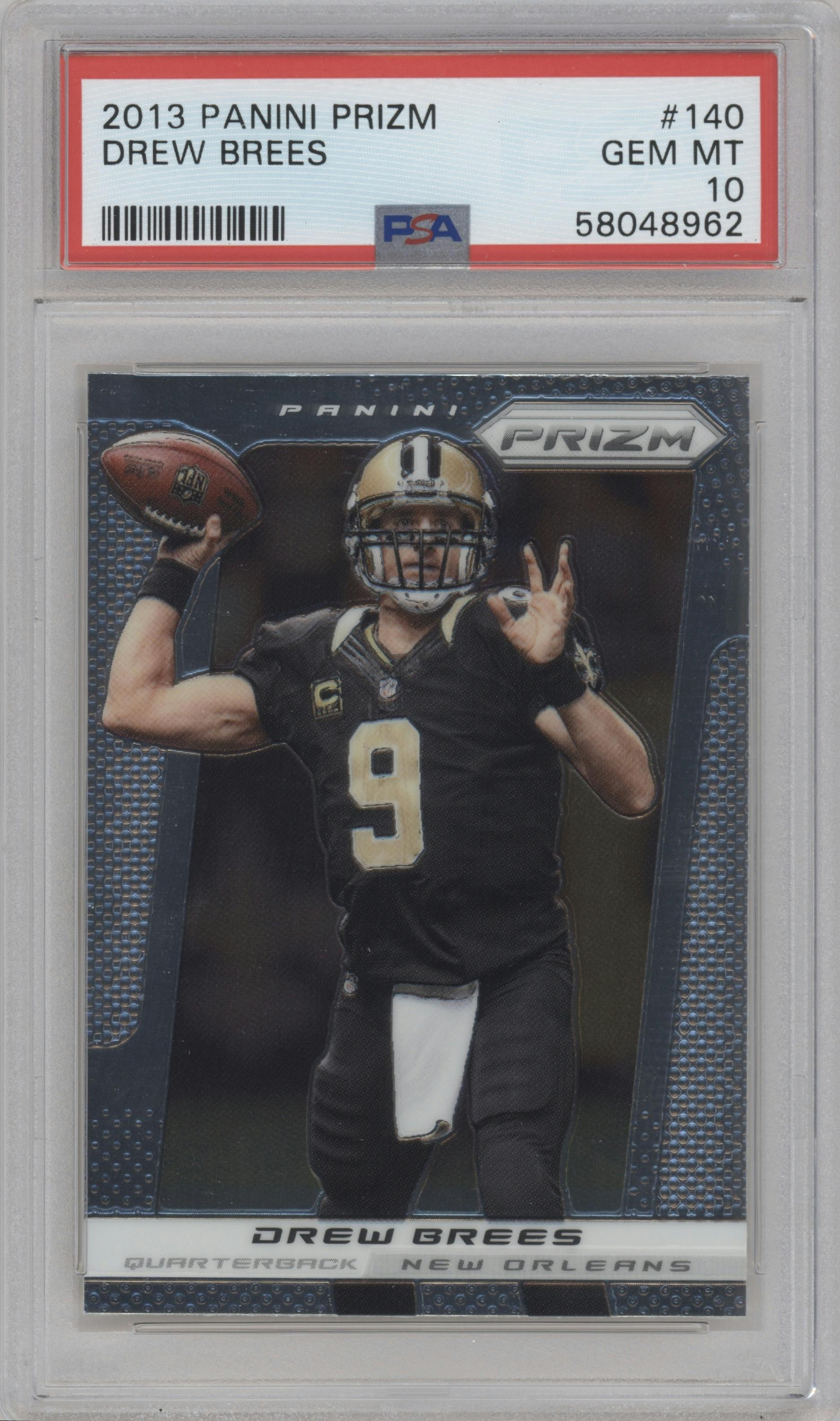 Drew Brees from the 2013 Panini Prizm set graded by PSA and given an overall grade of 10.