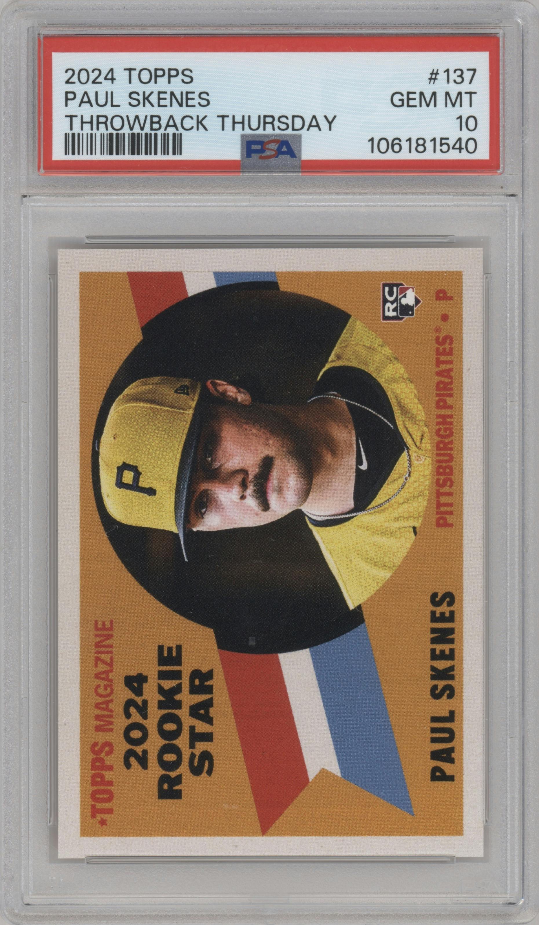 Paul Skenes from the 2024 Topps Throwback Thursday set graded by PSA and given an overall grade of 10.