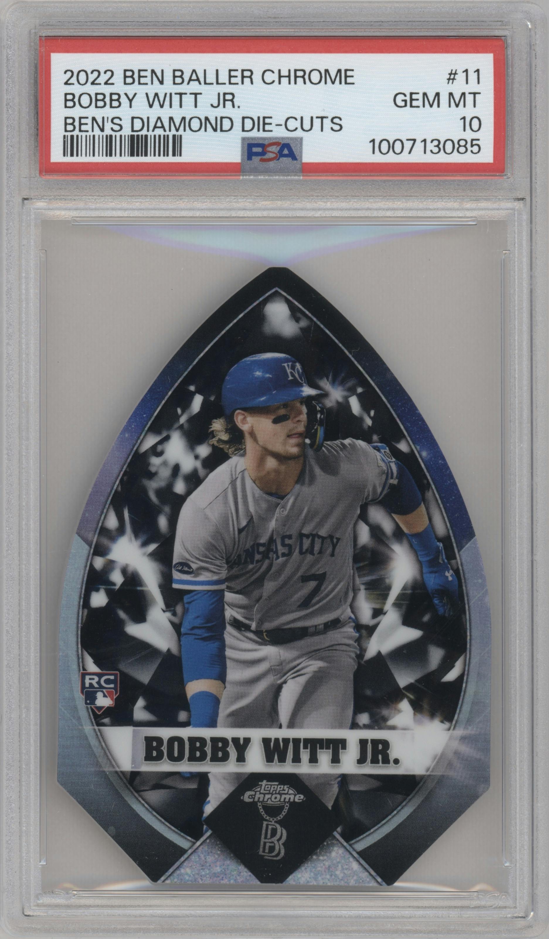 Bobby Witt Jr. from the 2022 Topps Chrome Ben Baller set graded by PSA and given an overall grade of 10.
