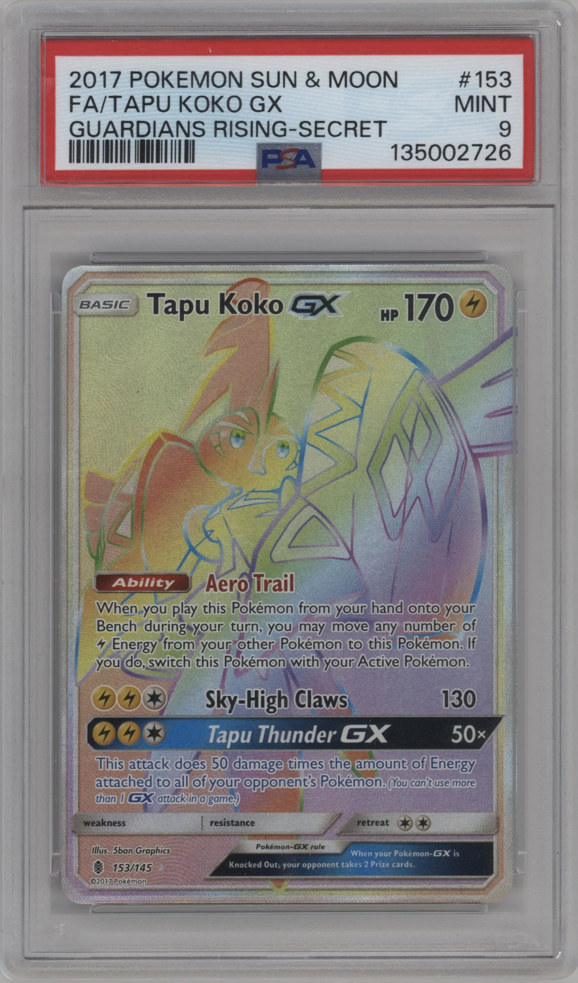 2017 Pokemon S&M Guardians Rising Tapu Koko GX #153 PSA 9