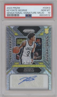 Keyonte George from the 2023-24 Panini Prizm set featuring a Mojo Prizm parallel graded by PSA and given an overall grade of 10.