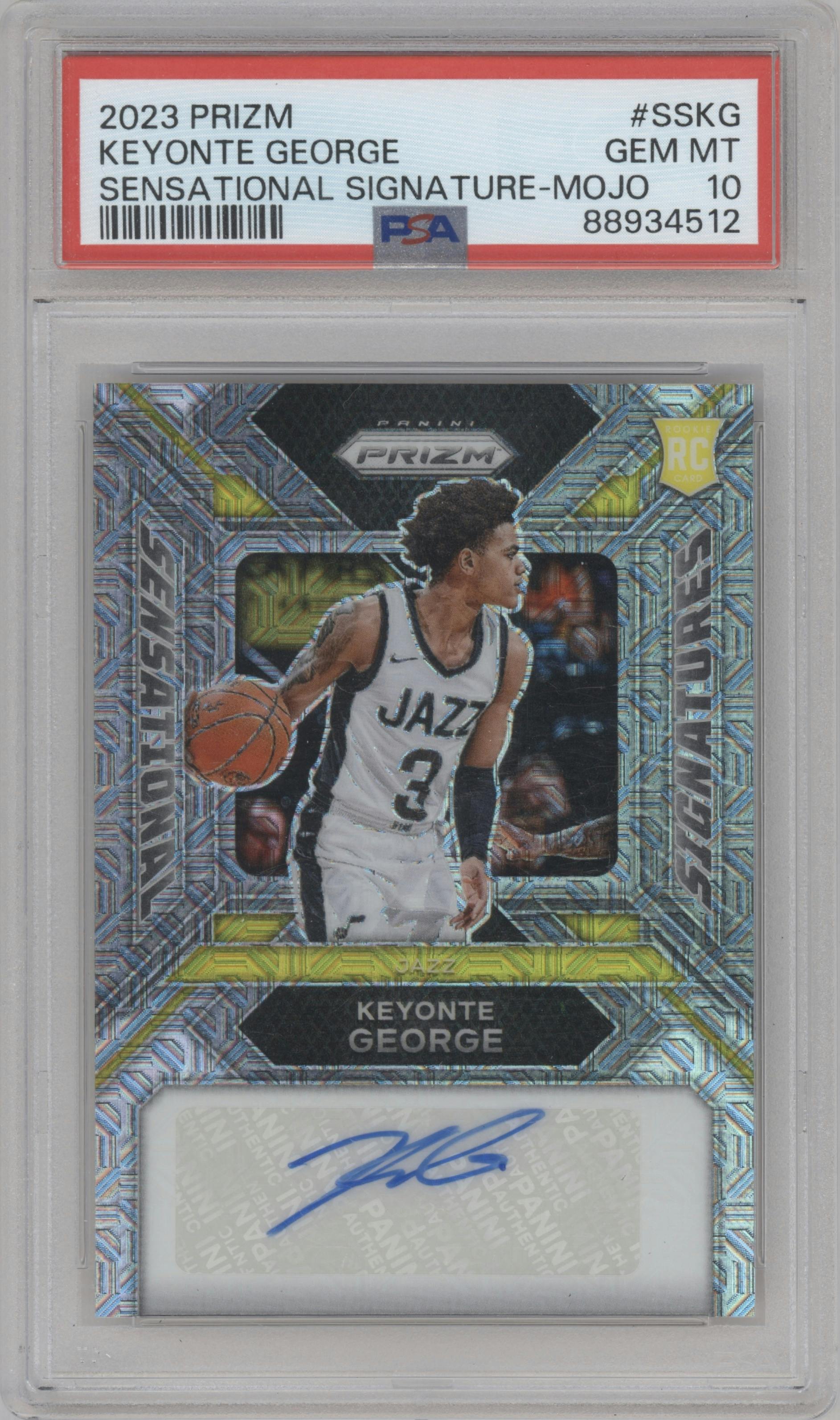 Keyonte George from the 2023-24 Panini Prizm set featuring a Mojo Prizm parallel graded by PSA and given an overall grade of 10.