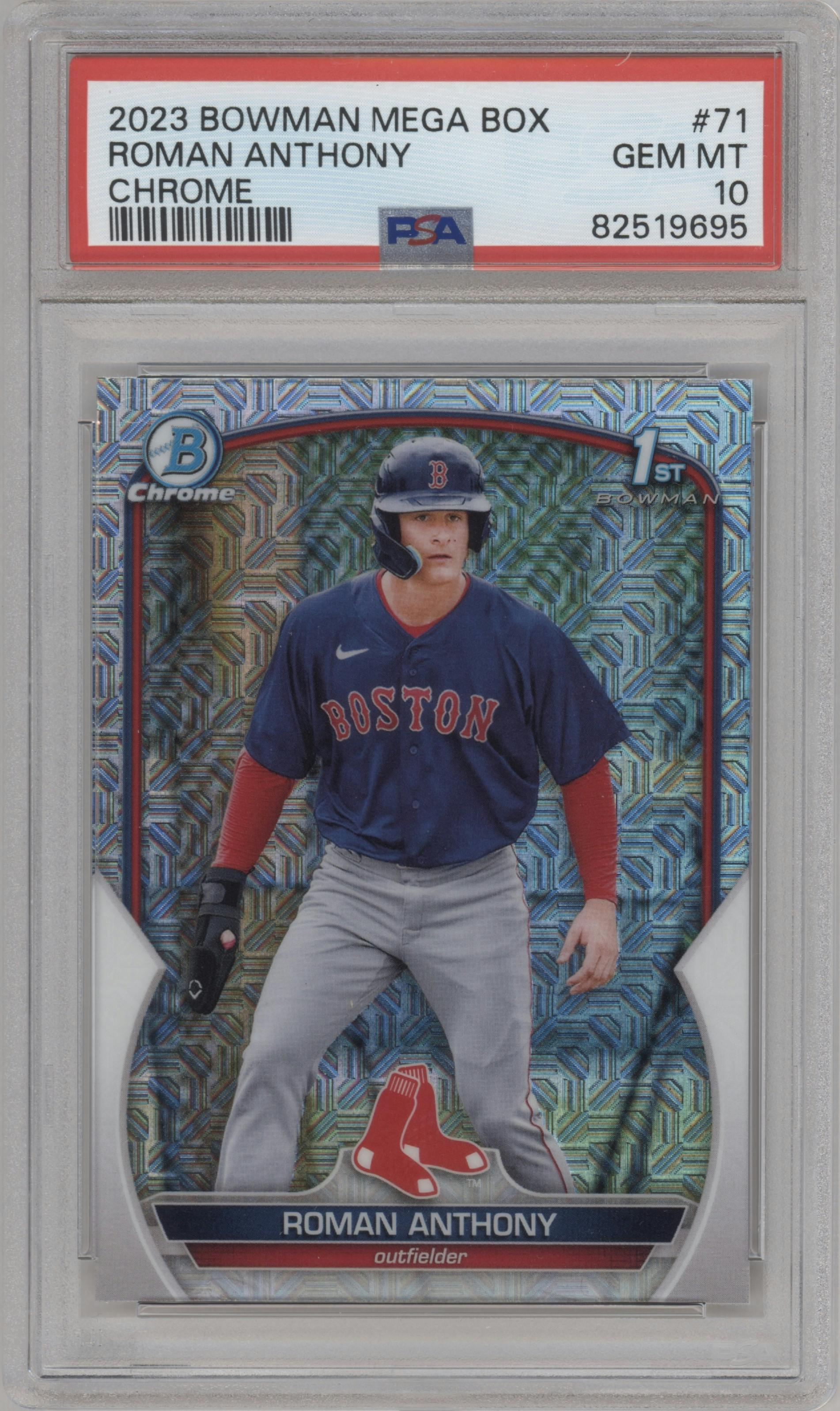 Roman Anthony from the 2023 Bowman Mega Box set graded by PSA and given an overall grade of 10.
