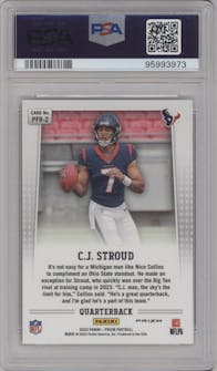 C.J. Stroud from the 2023 Panini Prizm set featuring a No Huddle parallel graded by PSA and given an overall grade of 10.