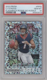 C.J. Stroud from the 2023 Panini Prizm set featuring a No Huddle parallel graded by PSA and given an overall grade of 10.