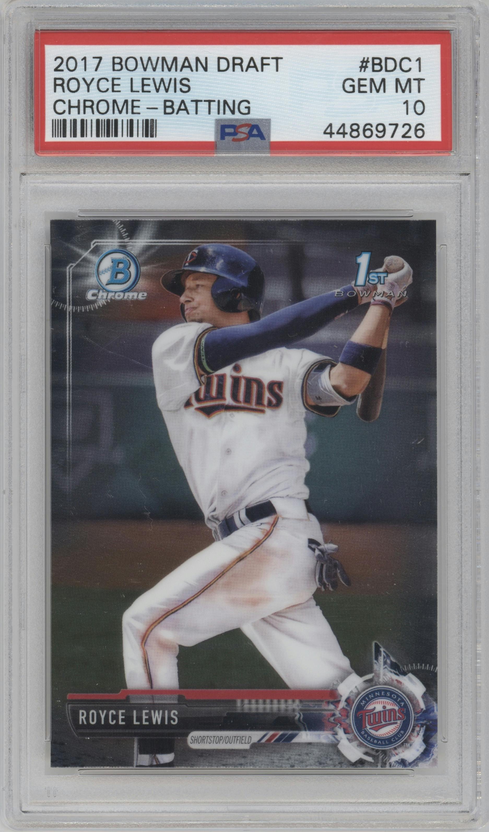 Royce Lewis from the 2017 Bowman Draft set graded by PSA and given an overall grade of 10.