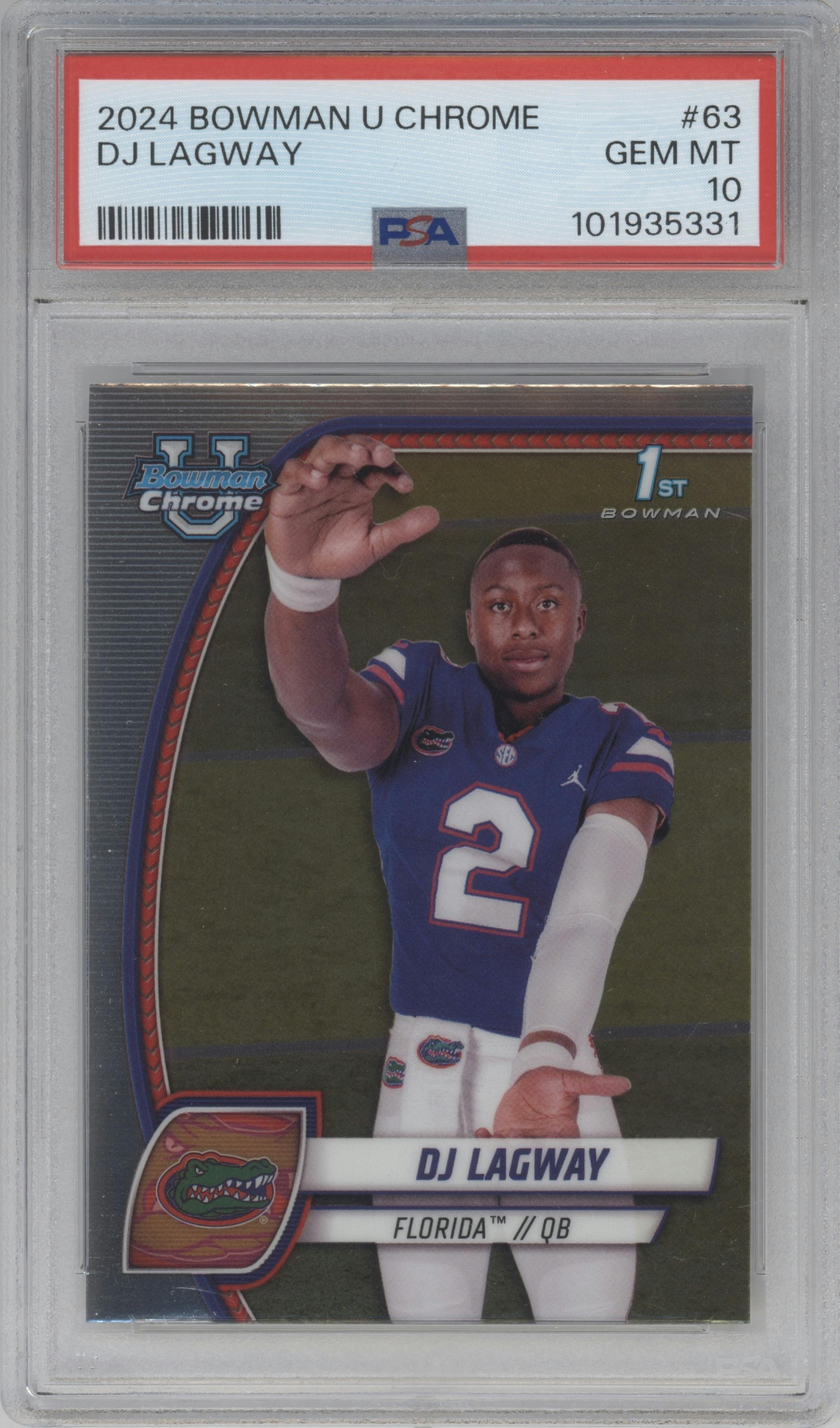 DJ Lagway  from the 2024 Bowman University Chrome set graded by PSA and given an overall grade of 10.