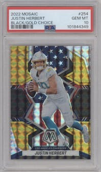 Justin Herbert from the 2022 Panini Mosaic set featuring a Choice Black Gold parallel graded by PSA and given an overall grade of 10.