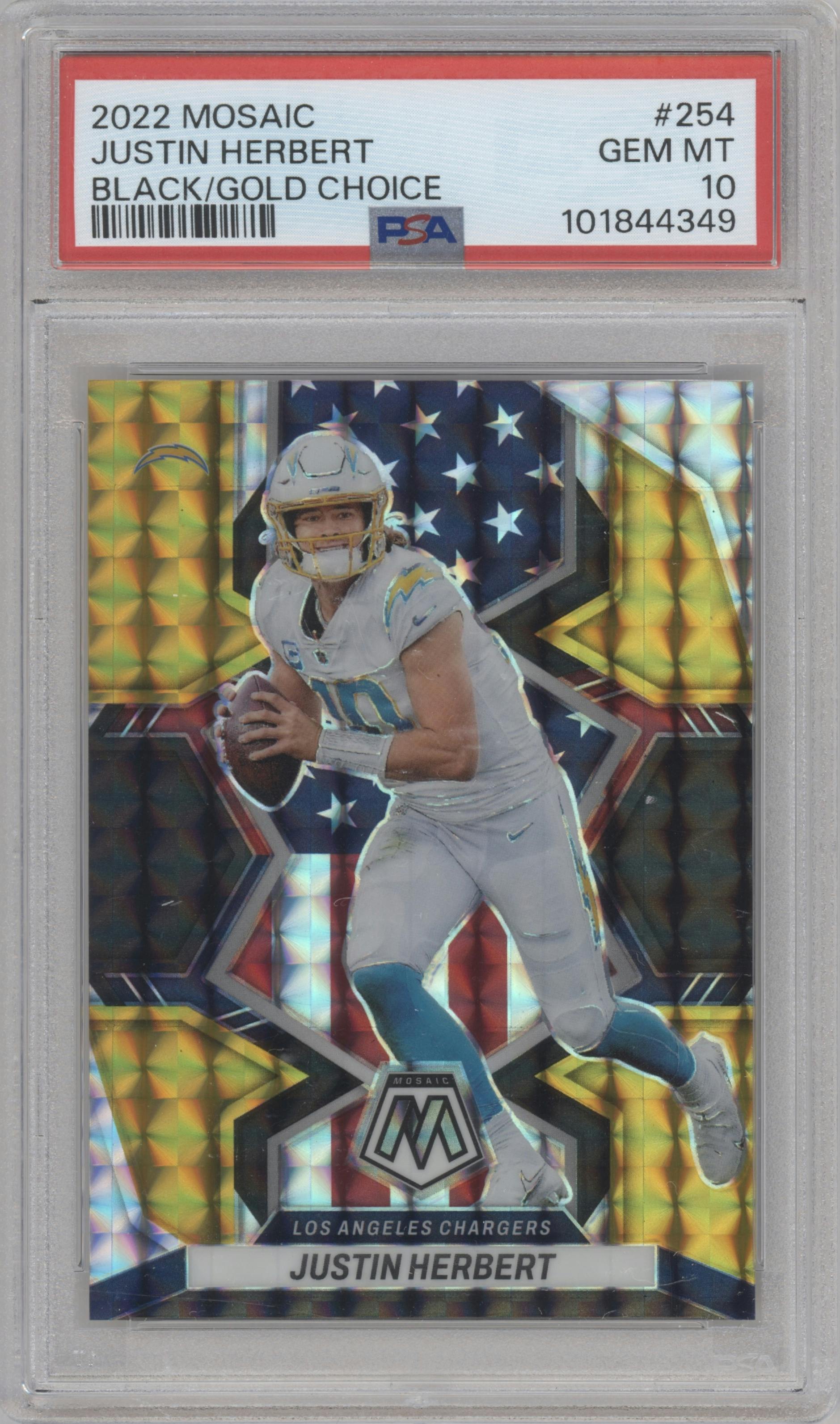 Justin Herbert from the 2022 Panini Mosaic set featuring a Choice Black Gold parallel graded by PSA and given an overall grade of 10.