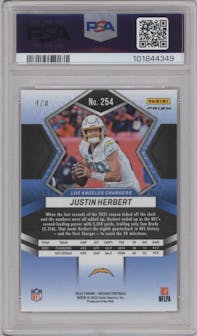Justin Herbert from the 2022 Panini Mosaic set featuring a Choice Black Gold parallel graded by PSA and given an overall grade of 10.