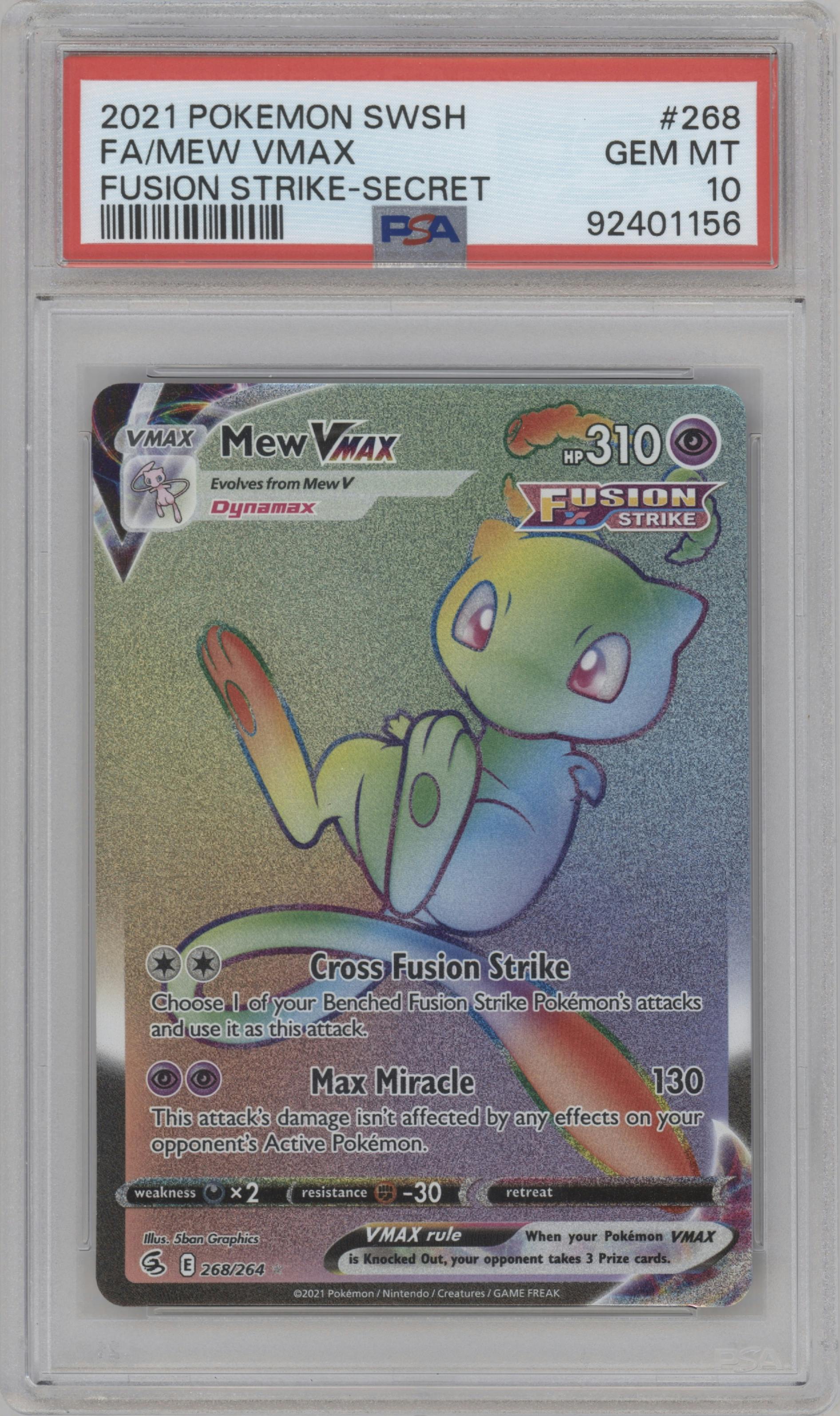 Mew VMax from the 2021 Pokemon SWSH set graded by PSA and given an overall grade of 10.