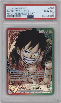 Monkey.D.Luffy from the 2022 One Piece set featuring a Alternate Art parallel graded by PSA and given an overall grade of 10.