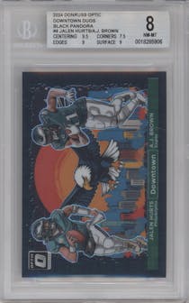 Jalen Hurts/A.J. Brown from the 2024 Donruss Optic set featuring a Black Pandora parallel graded by Beckett and given an overall grade of 8.