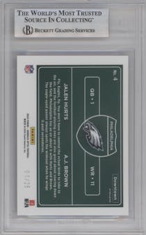 Jalen Hurts/A.J. Brown from the 2024 Donruss Optic set featuring a Black Pandora parallel graded by Beckett and given an overall grade of 8.