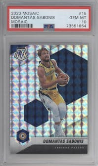 Domantas Sabonis from the 2020-21 Panini Mosaic set featuring a Mosaic parallel graded by PSA and given an overall grade of 10.