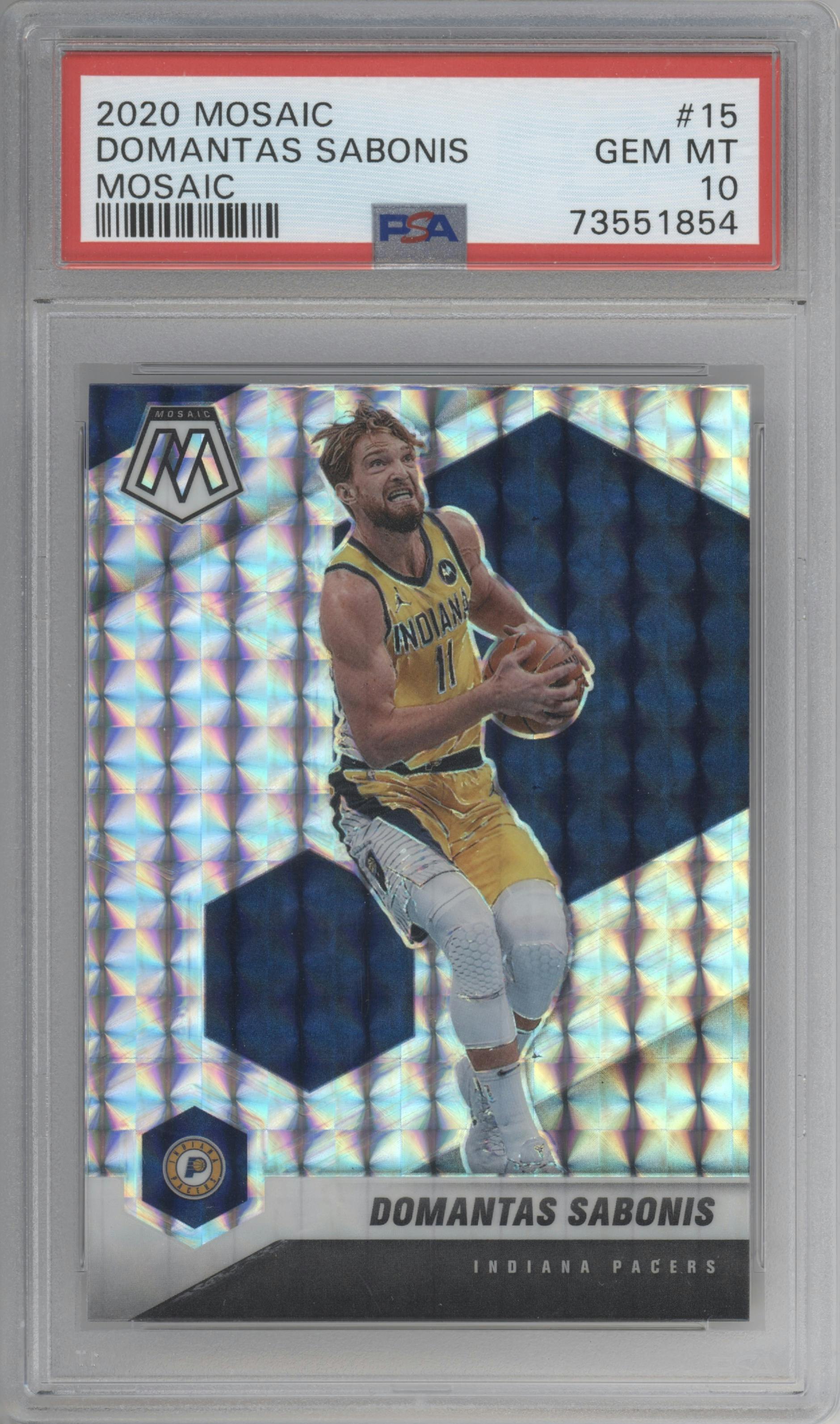Domantas Sabonis from the 2020-21 Panini Mosaic set featuring a Mosaic parallel graded by PSA and given an overall grade of 10.