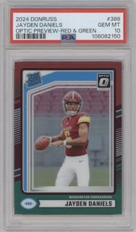 Jayden Daniels from the 2024 Donruss set featuring a Red and Green parallel graded by PSA and given an overall grade of 10.