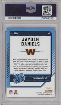 Jayden Daniels from the 2024 Donruss set featuring a Red and Green parallel graded by PSA and given an overall grade of 10.