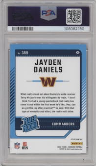 Jayden Daniels from the 2024 Donruss set featuring a Red and Green parallel graded by PSA and given an overall grade of 10.