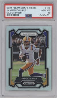 Jayden Daniels from the 2024 Panini Prizm Draft Picks set featuring a Silver Prizm parallel graded by PSA and given an overall grade of 10.
