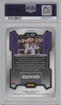 Jayden Daniels from the 2024 Panini Prizm Draft Picks set featuring a Silver Prizm parallel graded by PSA and given an overall grade of 10.