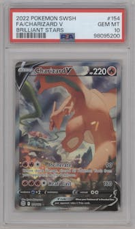 Charizard V from the 2022 Pokemon SWSH set graded by PSA and given an overall grade of 10.