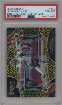 Ja'Marr Chase from the 2023 Panini Select set featuring a Gold Dragon Scale parallel graded by PSA and given an overall grade of 10.