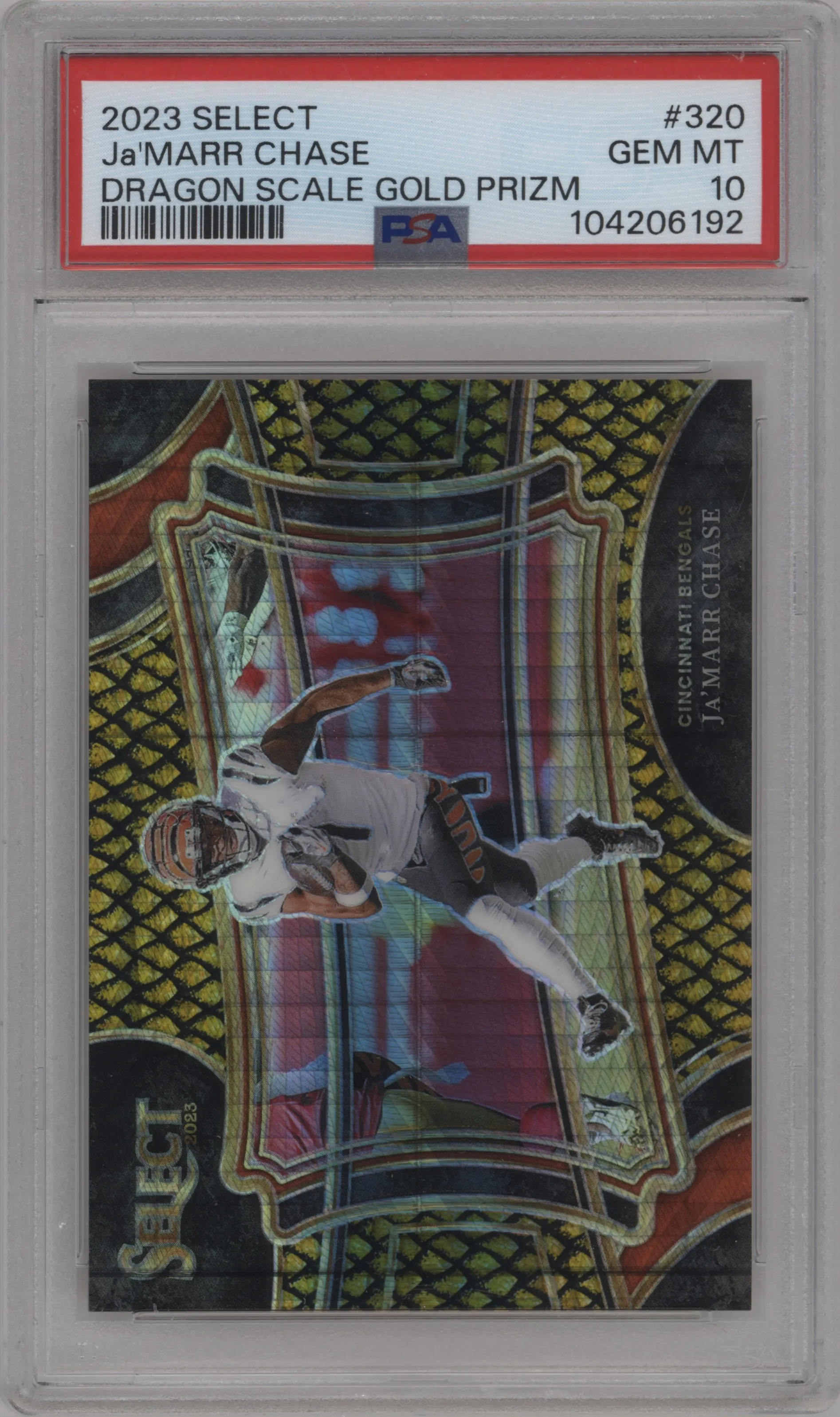 Ja'Marr Chase from the 2023 Panini Select set featuring a Gold Dragon Scale parallel graded by PSA and given an overall grade of 10.