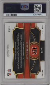 Ja'Marr Chase from the 2023 Panini Select set featuring a Gold Dragon Scale parallel graded by PSA and given an overall grade of 10.