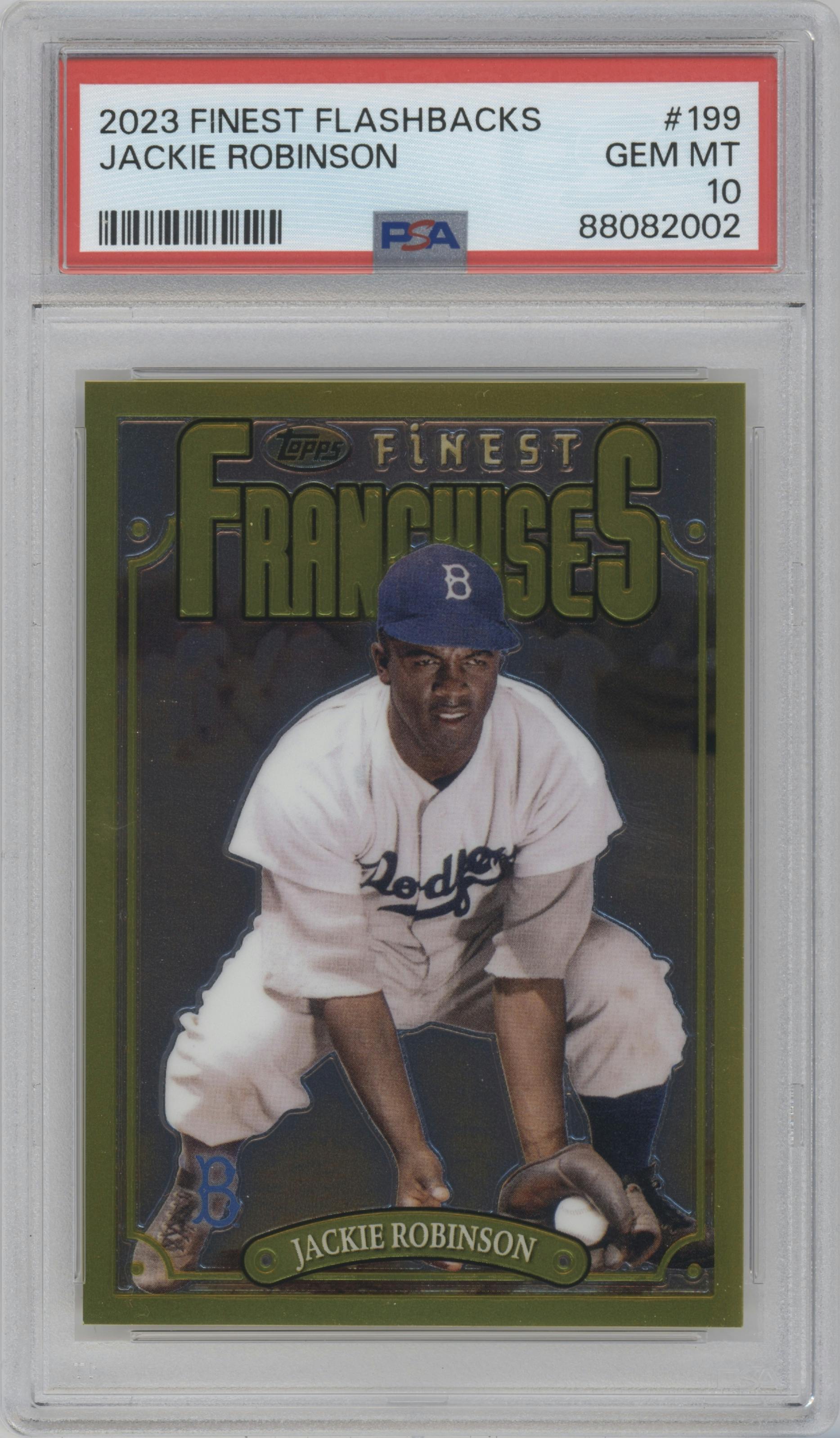 Jackie Robinson from the 2023 Topps Finest Flashbacks set graded by PSA and given an overall grade of 10.
