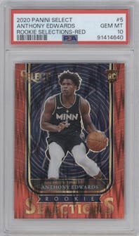 Anthony Edwards from the 2020-21 Panini Select  set featuring a Red parallel graded by PSA and given an overall grade of 10.