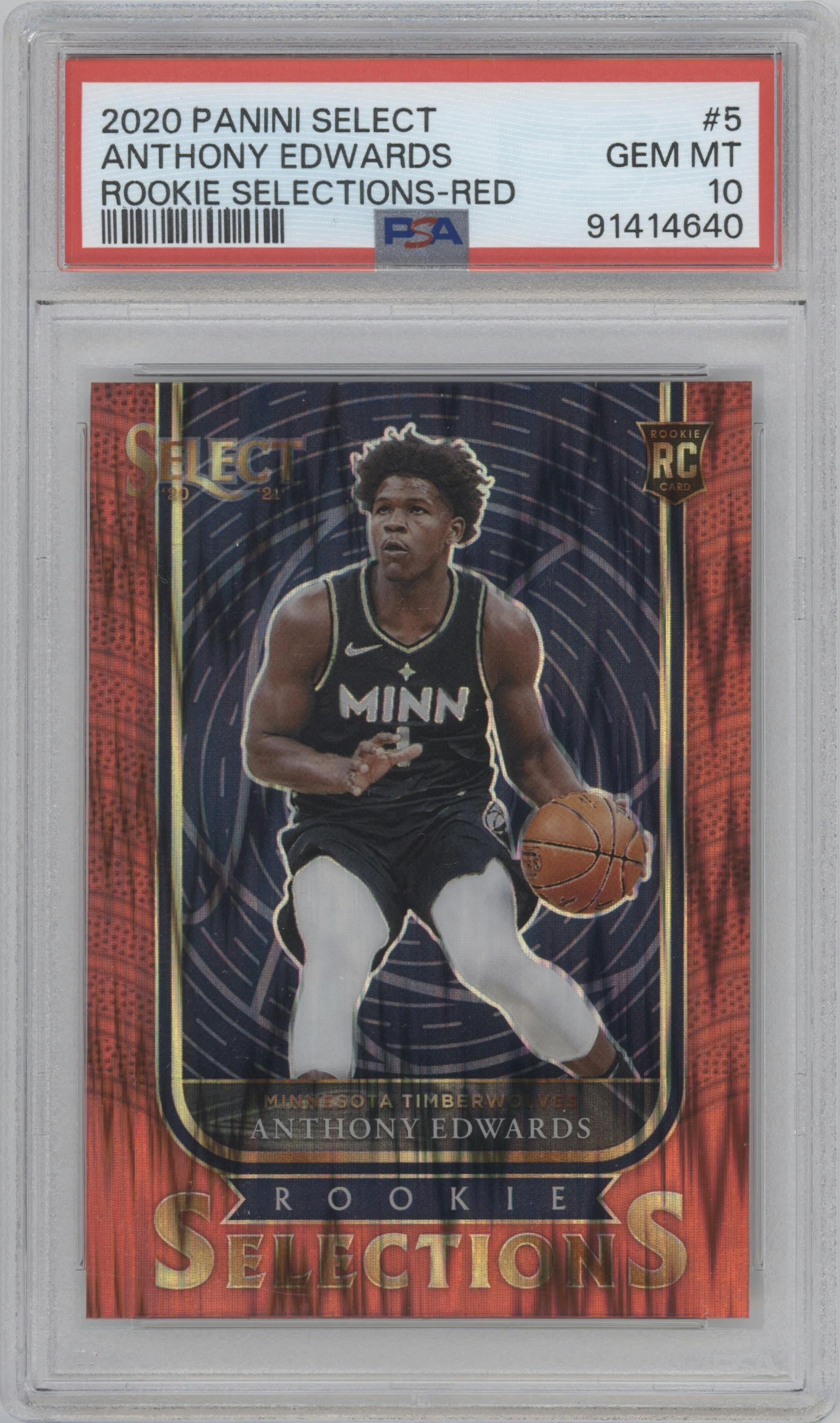 Anthony Edwards from the 2020-21 Panini Select  set featuring a Red parallel graded by PSA and given an overall grade of 10.