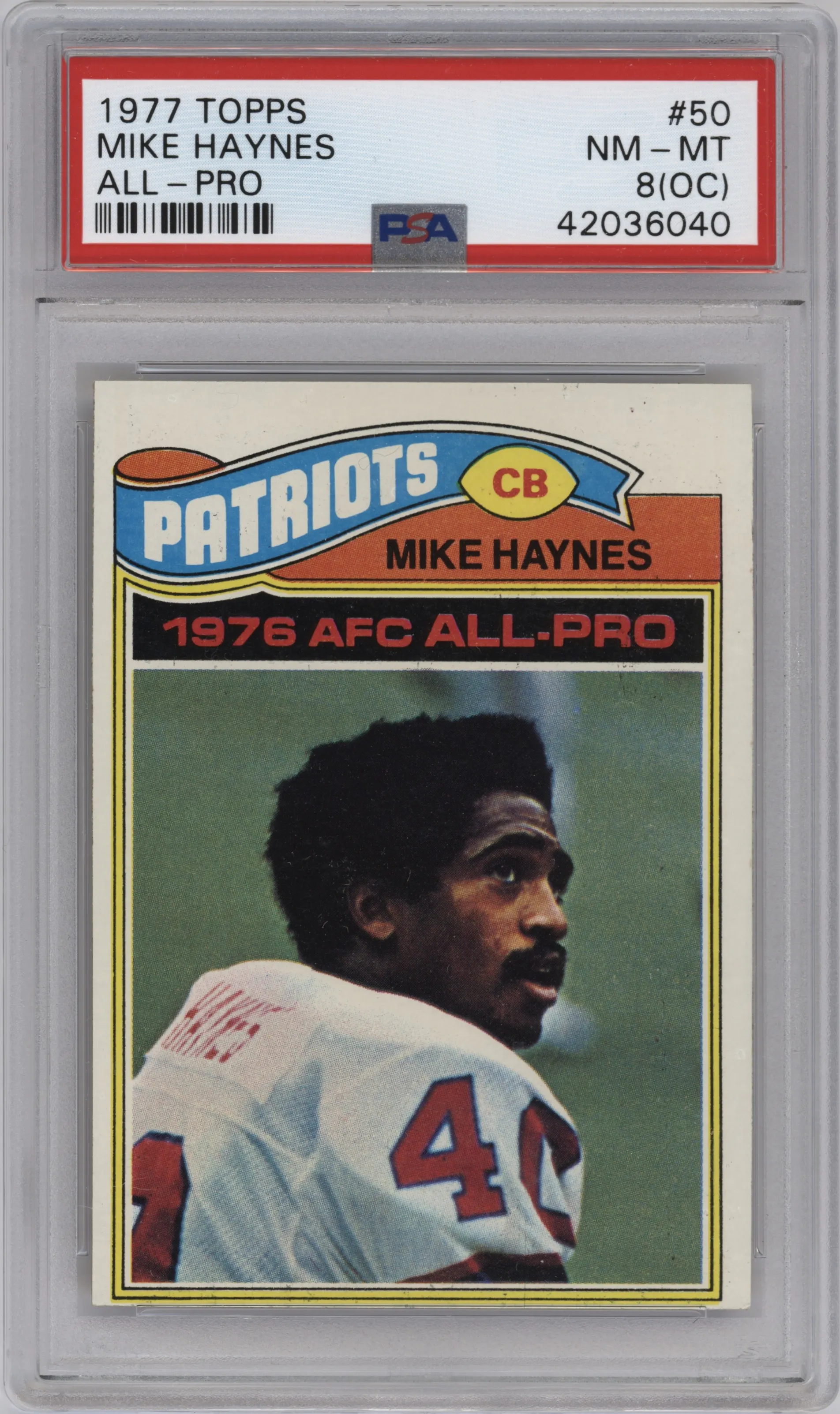 1977 Topps Mike Haynes Off-Centered PSA 8