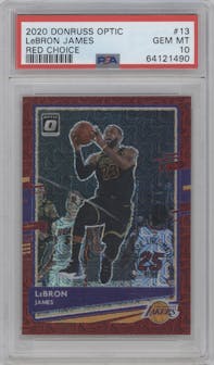 LeBron James from the 2020-21 Panini Donruss Optic set featuring a Red Choice  parallel graded by PSA and given an overall grade of 10.
