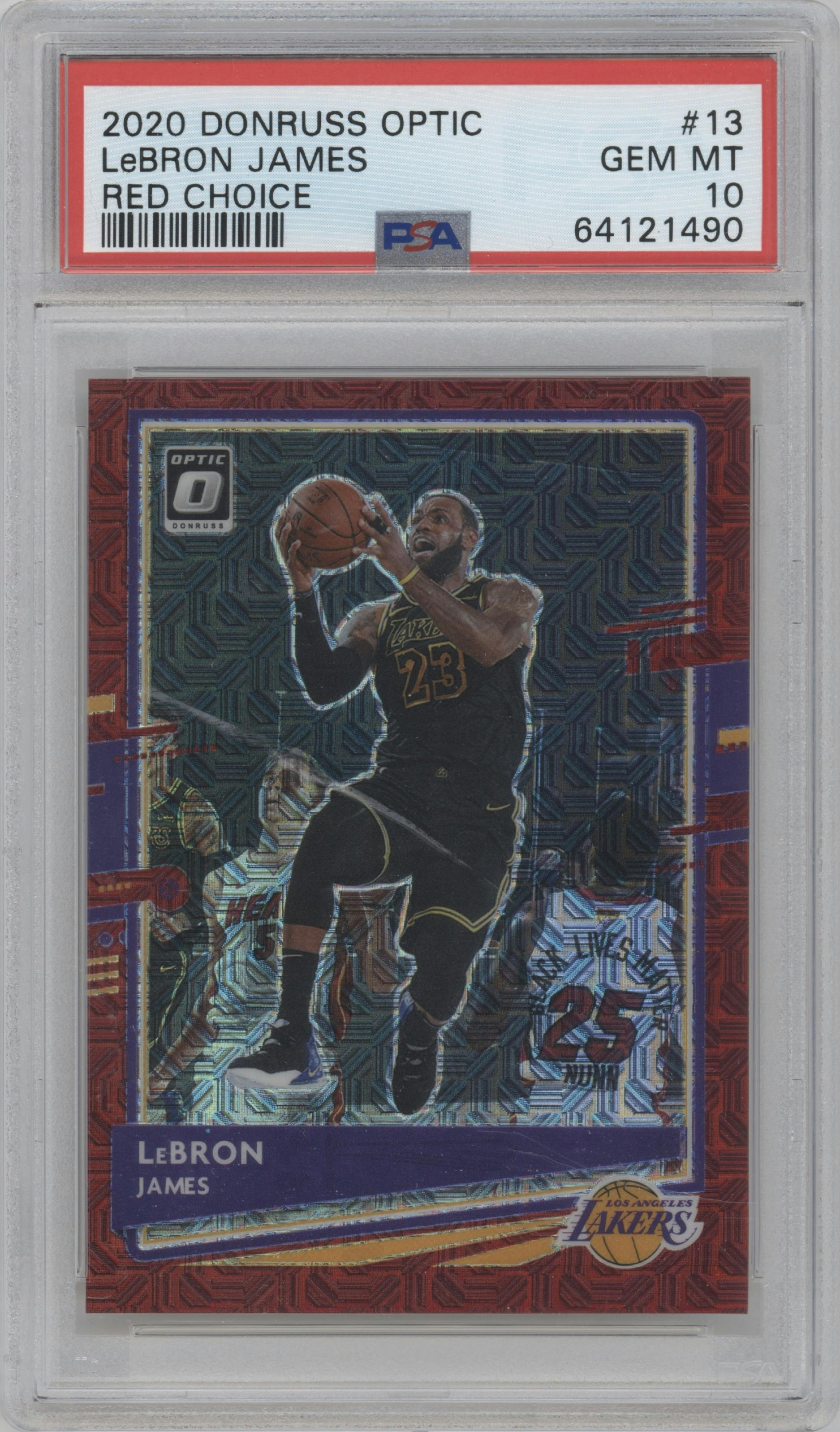 LeBron James from the 2020-21 Panini Donruss Optic set featuring a Red Choice  parallel graded by PSA and given an overall grade of 10.