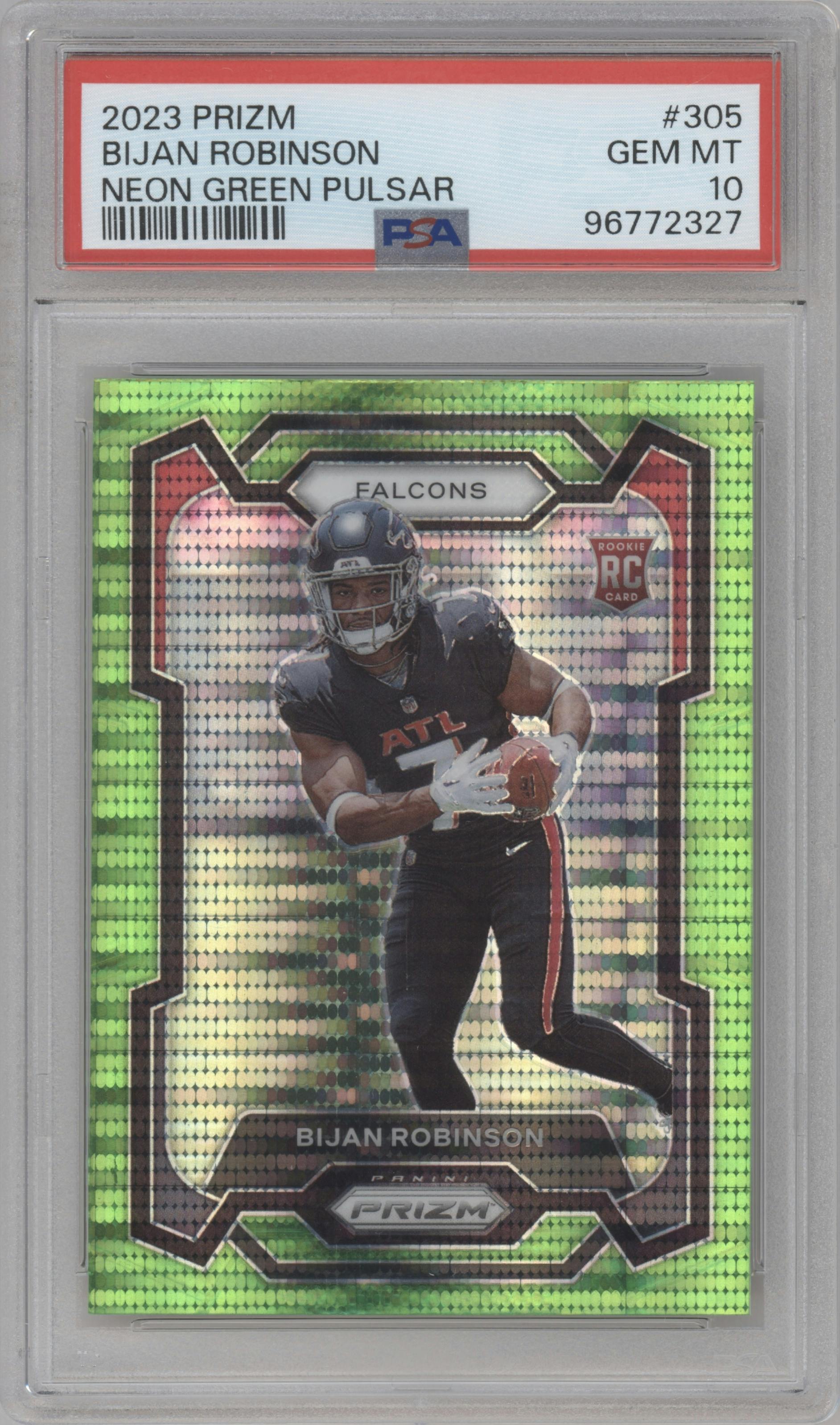 Bijan Robinson from the 2023 Panini Prizm set featuring a Neon Green Pulsar parallel graded by PSA and given an overall grade of 10.