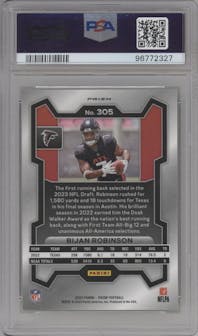 Bijan Robinson from the 2023 Panini Prizm set featuring a Neon Green Pulsar parallel graded by PSA and given an overall grade of 10.