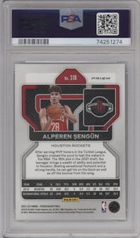 Alperen Sengun from the 2021-22 Panini Prizm  set featuring a Purple Wave parallel graded by PSA and given an overall grade of 10.