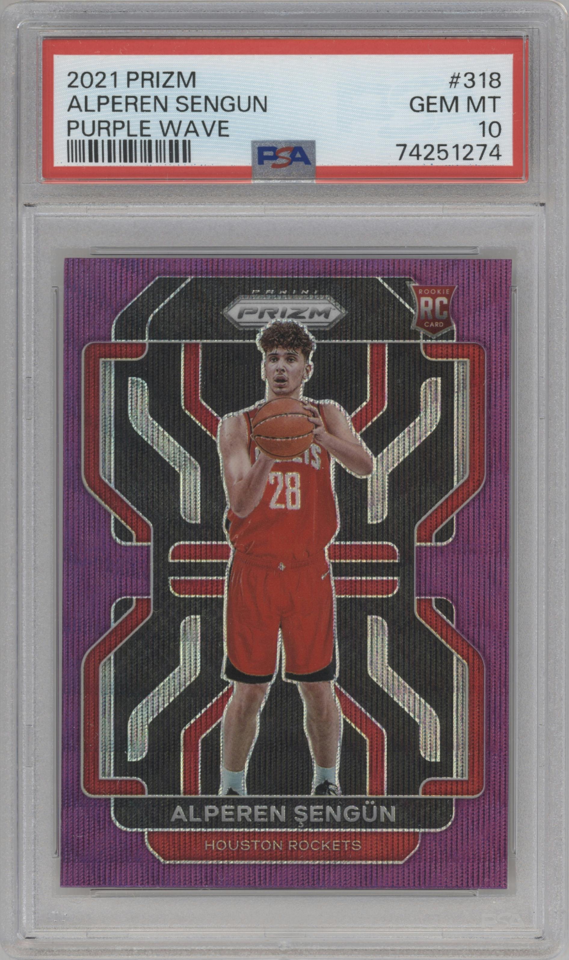 Alperen Sengun from the 2021-22 Panini Prizm  set featuring a Purple Wave parallel graded by PSA and given an overall grade of 10.