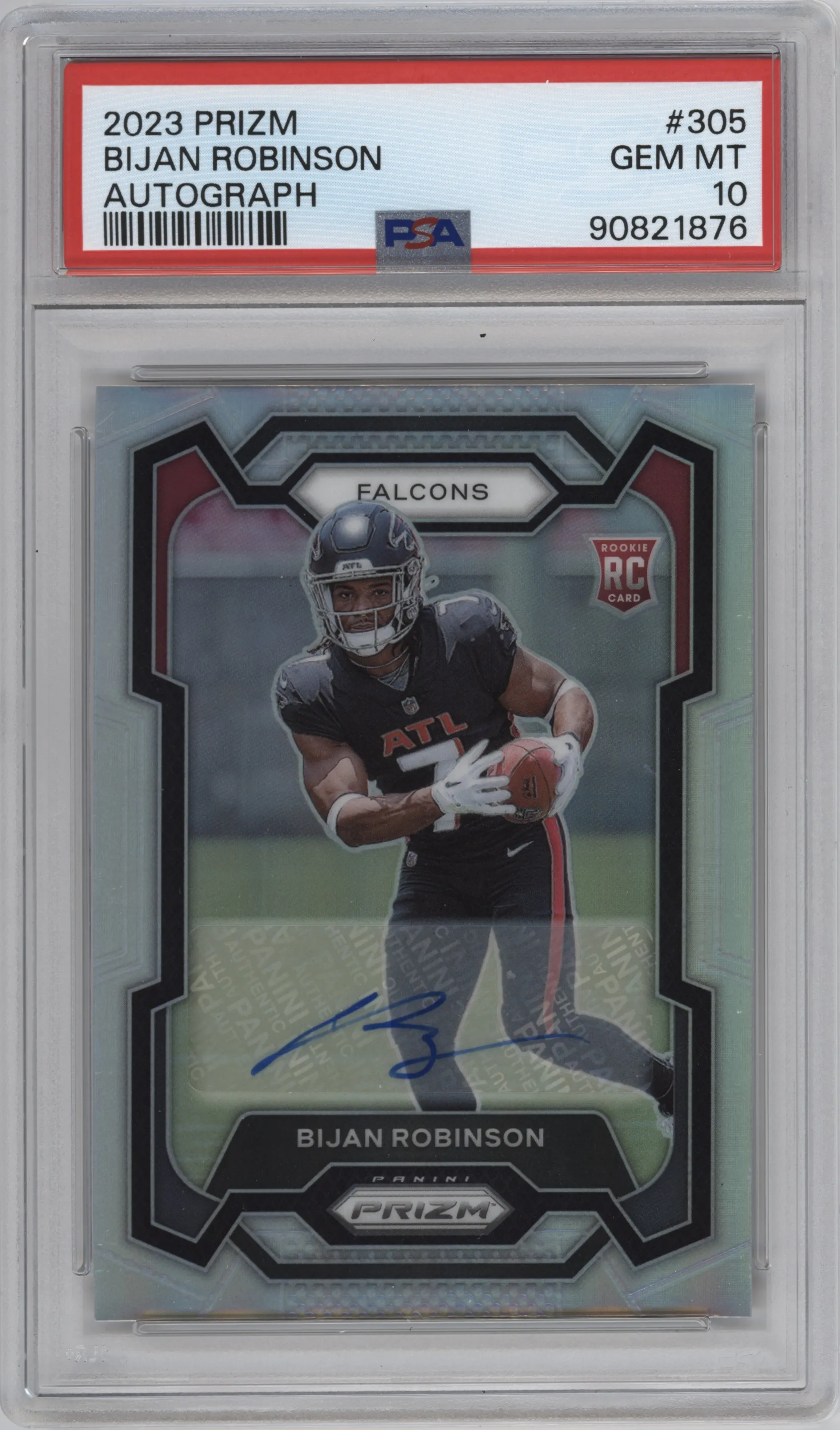 Bijan Robinson from the 2023 Panini Prizm set graded by PSA and given an overall grade of 10.