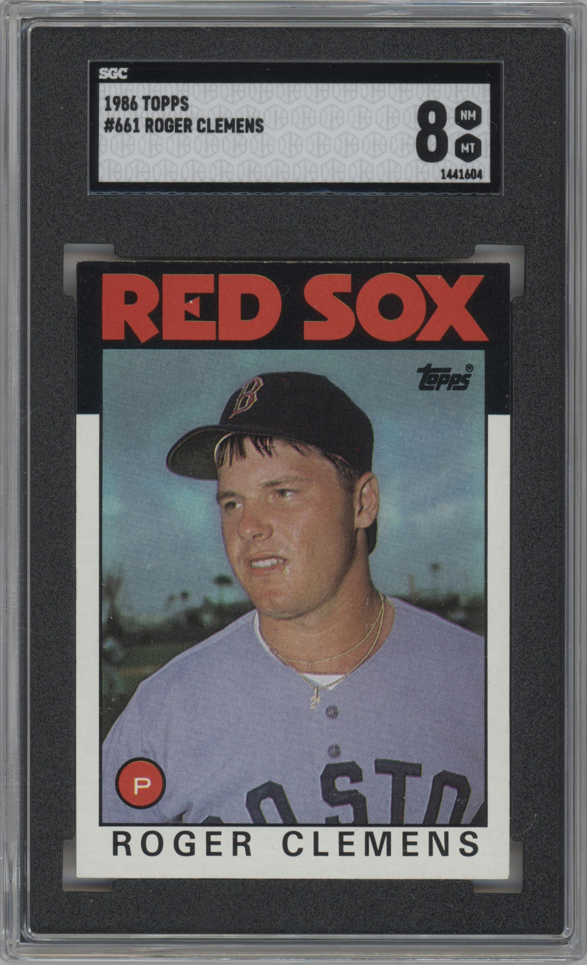 Roger Clemens from the 1986 Topps set graded by SGC and given an overall grade of 8.