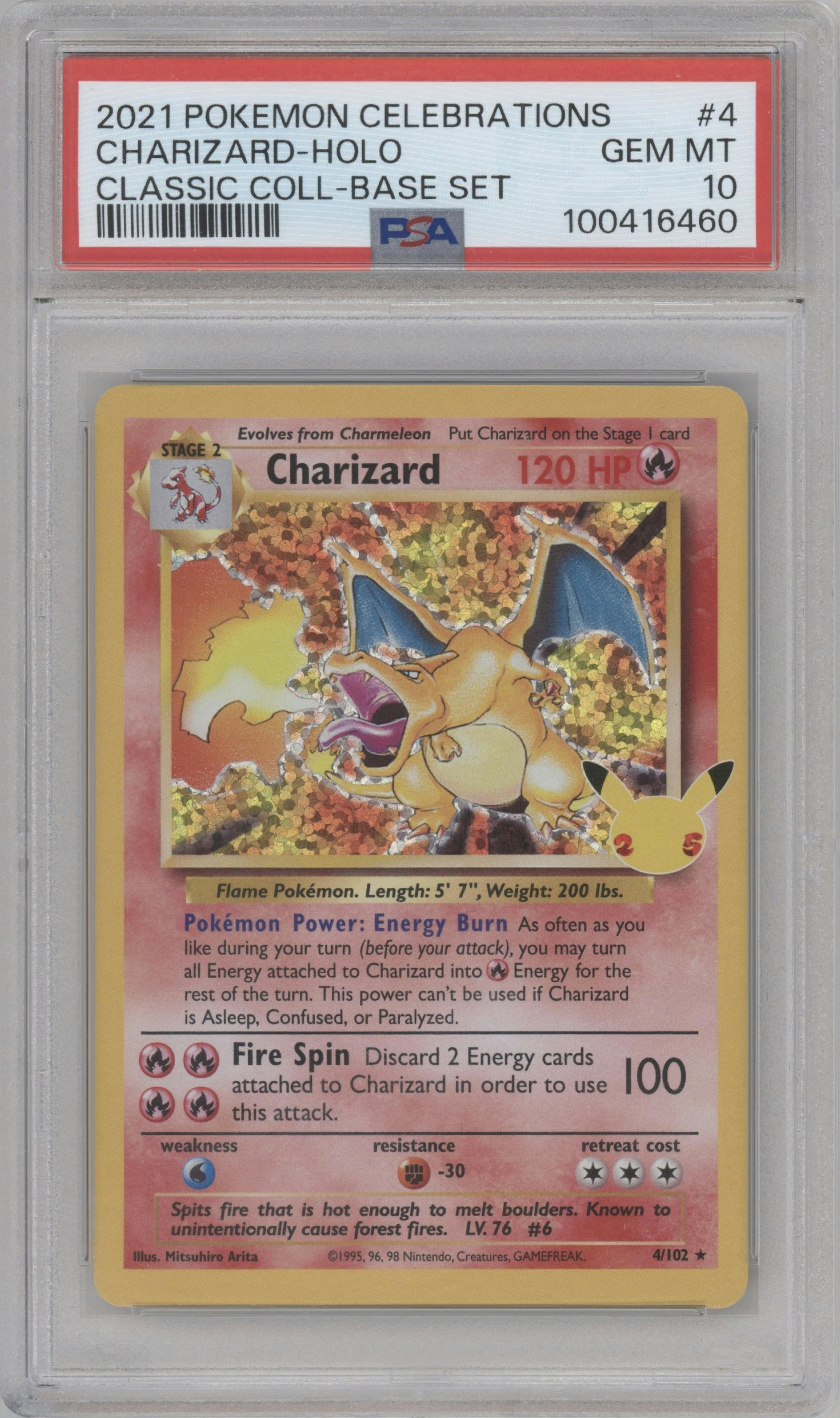 Charizard from the 2021 Pokemon SWSH set featuring a Base Set parallel graded by PSA and given an overall grade of 10.
