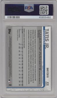 Fernando Tatis Jr. from the 2019 Topps Series 2 set featuring a Gold parallel graded by PSA and given an overall grade of 10.
