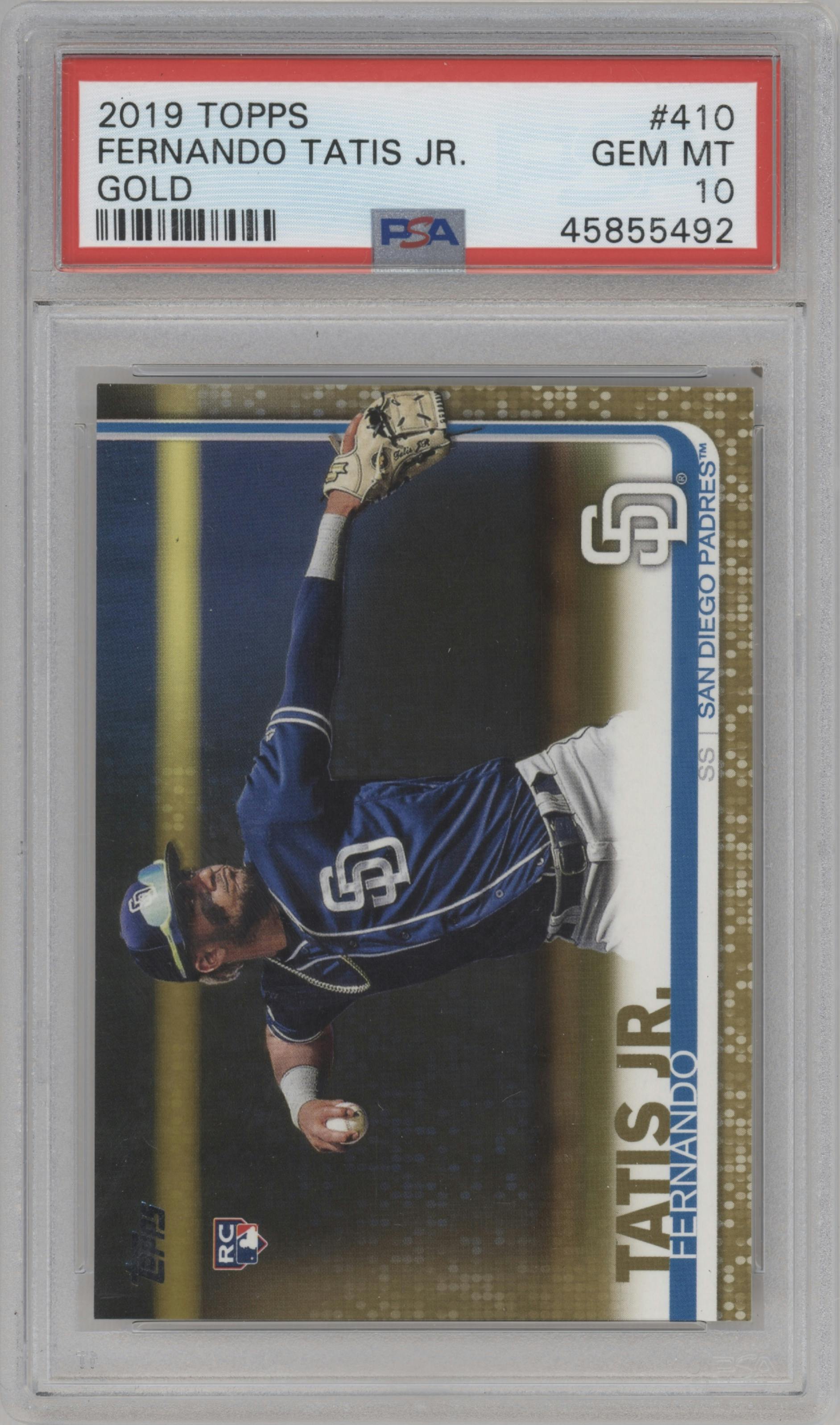 Fernando Tatis Jr. from the 2019 Topps Series 2 set featuring a Gold parallel graded by PSA and given an overall grade of 10.