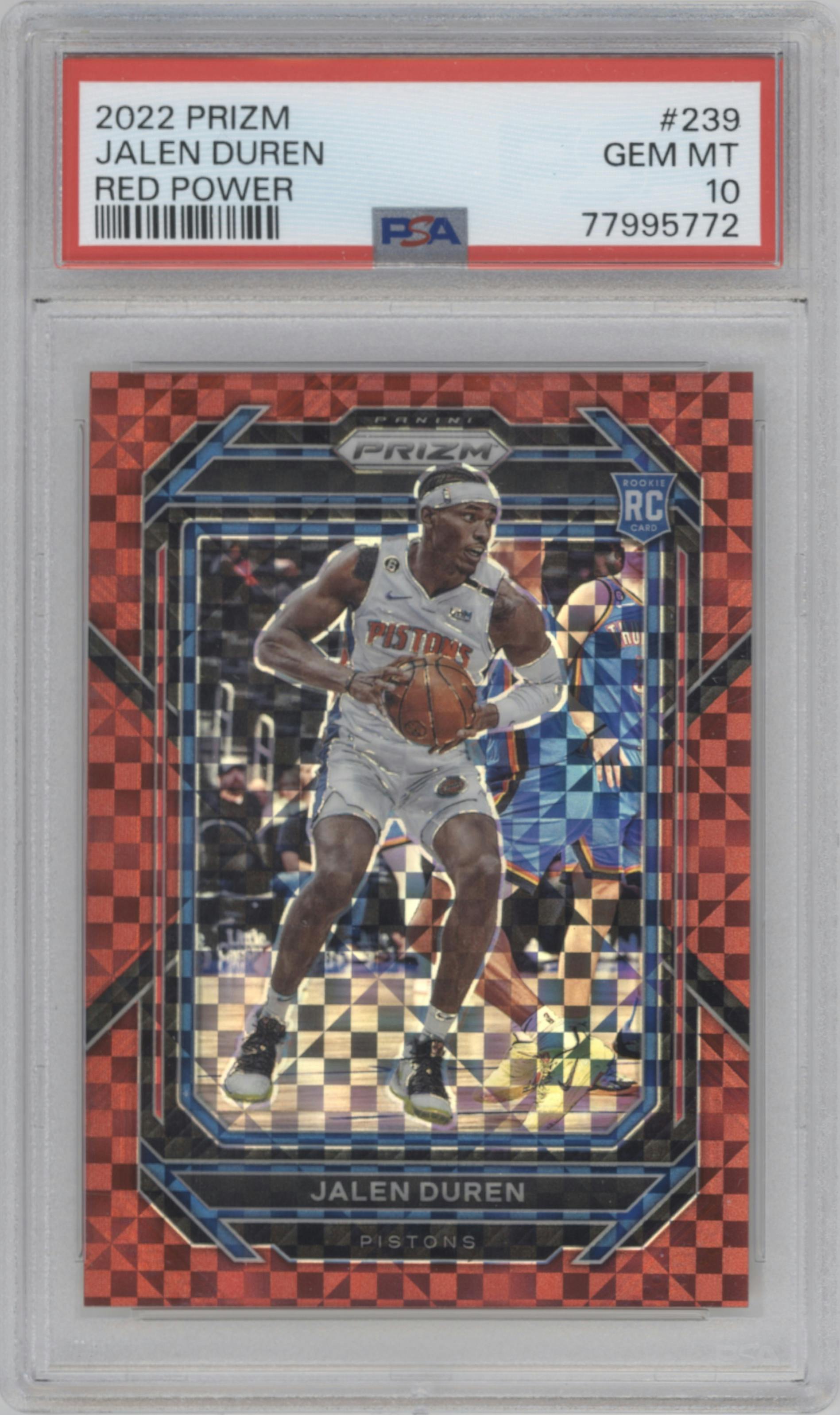 Jalen Duren from the 2022-23 Panini Prizm  set featuring a Red Power parallel graded by PSA and given an overall grade of 10.