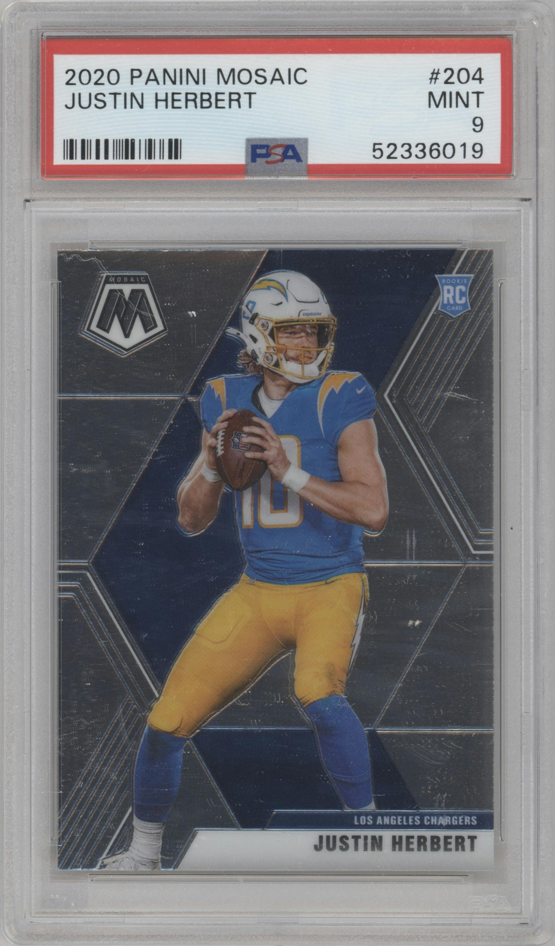 Justin Herbert from the 2020 Panini Mosaic set graded by PSA and given an overall grade of 9.