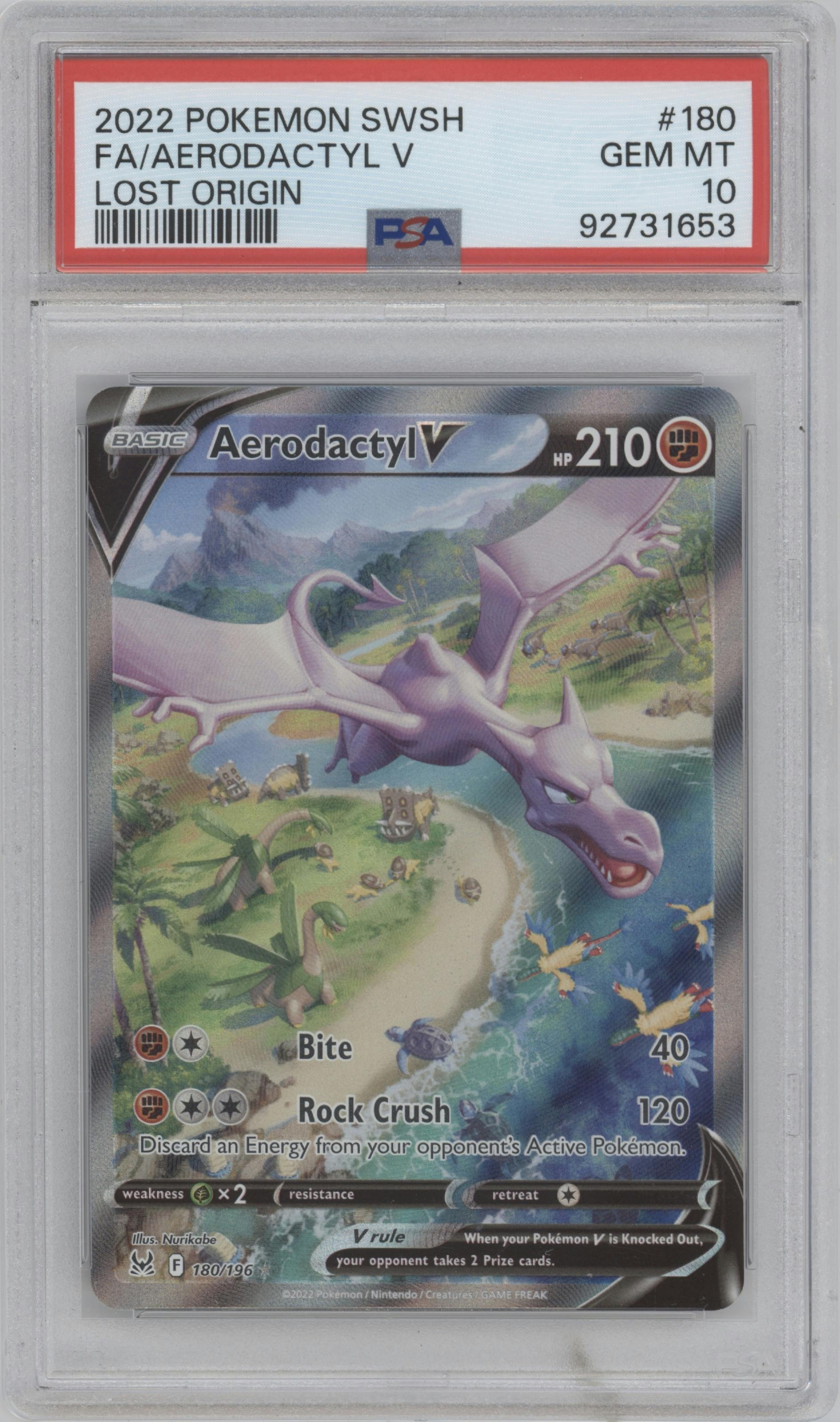 Aerodactyl V from the 2022 Pokemon SWSH set graded by PSA and given an overall grade of 10.